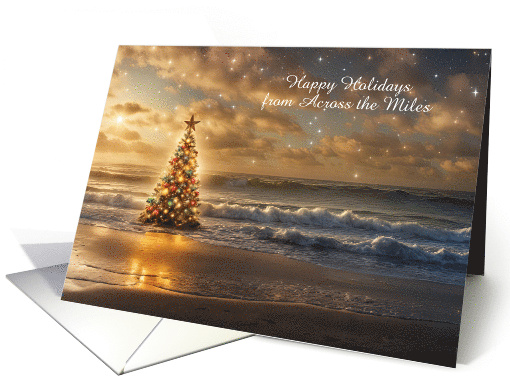 Christmas Wine and Beach Holiday Tree in Waves Sunset Custom card