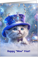 Happy New Year Cute White Kitten with Big Fancy Hat Custom Cover Text card