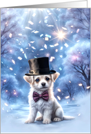 Happy New Year Cute Puppy Dog with Confetti Top Hat Bow Tie card