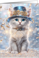 Happy New Year Cat in Party Hat and Streamers Confetti Cute Kitten Fun card