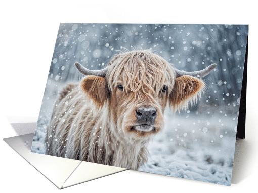 Christmas Seasons Greetings with Cute Highland Calf in the Snow card