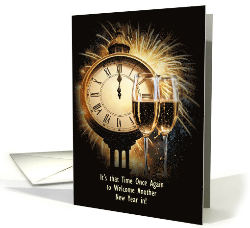New Year With Clock and Champagne Glasses Fireworks Custom card