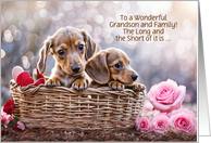 Grandson and Family Happy Valentines Day Cute Puppies Roses Custom card