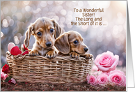 Sister Happy Valentines Day Cute Dachshund Puppies Basket Custom card