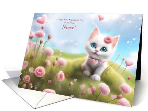 Nieces First 1st Valentines Day Cute White Kitten Hearts card