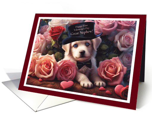 Great Nephew First Happy Valentines Day with Cute Puppy and Roses card