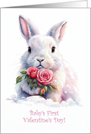 Babys 1st First Valentines Day with Cute White Bunny Rabbit Custom card