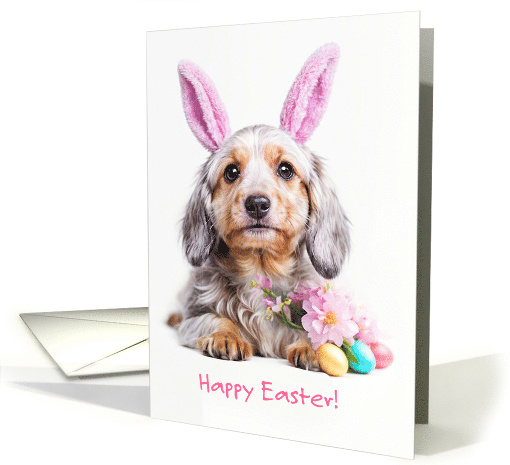 Happy Easter Cute Puppy Dog with Bunny Ears Easter Eggs Custom card