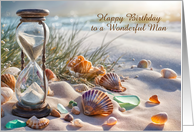 Birthday for Him Coastal Beach Sea glass Seashells Hourglass Custom card