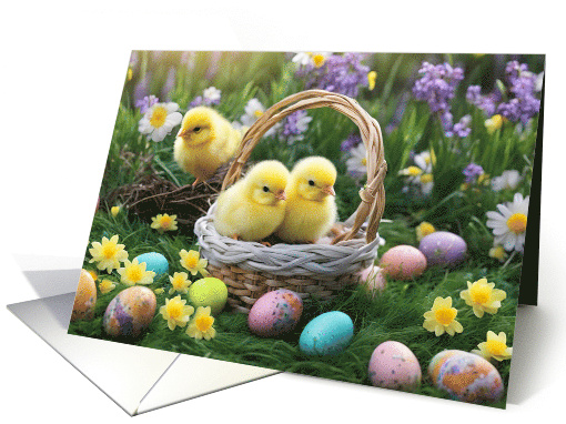 Happy Easter Cute Fluffy Yellow Chicks and Easter Eggs... (1896000)