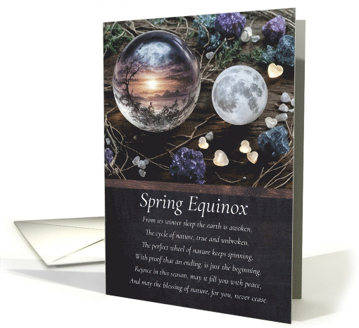 Spring Equinox Ostara with Globe Moon Crystals Vines Nature Poem card