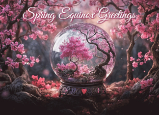 Spring Equinox Greetings with Pretty Pink Blossoms and Glass Globe