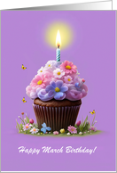 March Happy Birthday with Pretty Cupcake and Candle Custom Text card