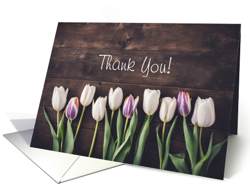 Thank You Pretty Tulip Flower Bulbs Wood Background Custom card