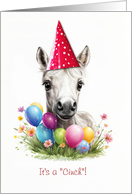 Happy Birthday Cute Pony Baby Horse with Balloons Party Hat Custom card