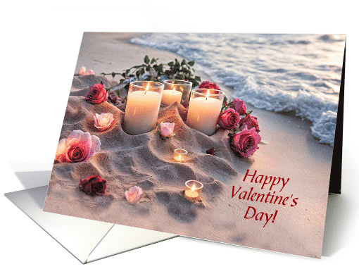 Happy Valentines Day Beach Ocean Candles Roses Coastal Custom card