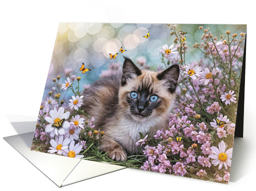 Spring Vernal Equinox Ostara Blessing with Pretty Cat and Flowers card