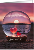 Love Romance with Two Hearts Sunset on the Beach Ocean Custom card