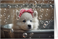Thinking of You Cute Samoyed Type White Fluffy Dog in Bubble Bath card