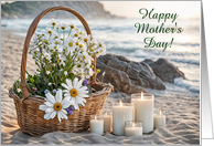 Happy Mothers Day Basket of Flowers and Candles on the Beach Custom card