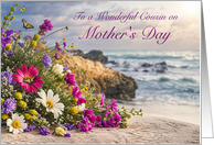 Cousin Happy Mothers Day with Flowers on the Beach Custom Text card