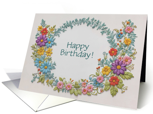 Happy Birthday with Needlepoint Flowers and Leaves Custom Text card