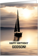 Godson Happy Birthday with Sailboat on the Ocean Sunset Custom card