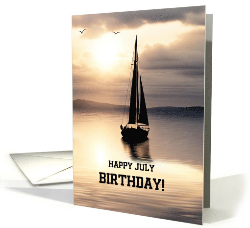 Happy July Birthday Sailboat with Sunset on the Ocean Custom card