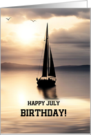 Happy July Birthday Sailboat with Sunset on the Ocean Custom card
