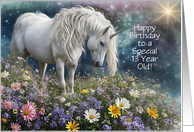 Happy 13th Birthday with Pretty Unicorn and Flowers Mystical Custom card