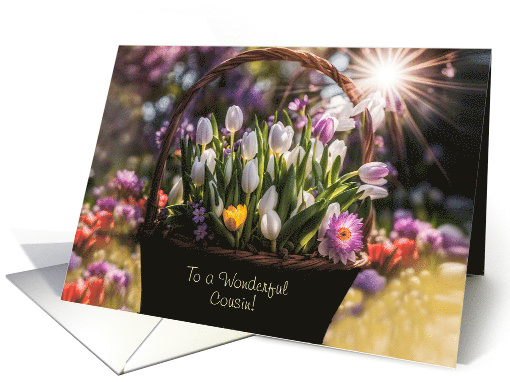 Cousin Happy Easter with Basket of Spring Bulbs Custom Cover Text card