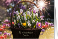 Cousin Happy Easter with Basket of Spring Bulbs Custom Cover Text card
