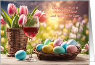 Niece and Husband Nephew in Law Happy Easter with Eggs and Wine card