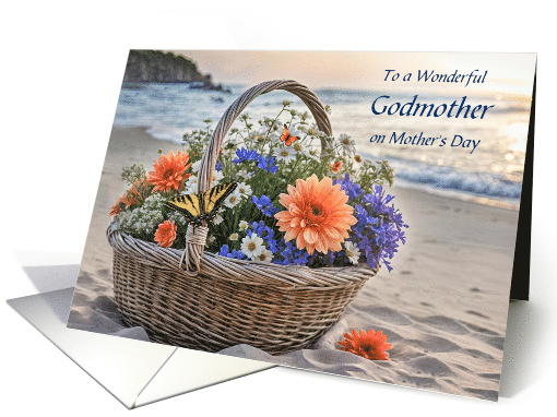Godmother Happy Mothers Day with Basket of Flowers Beach Custom card