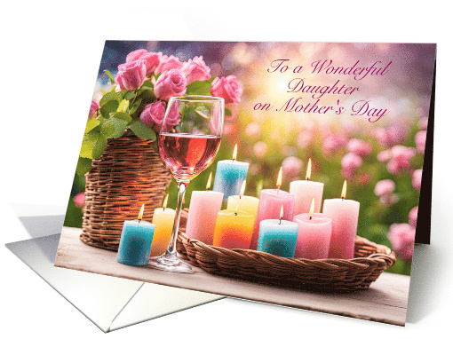 Daughter Happy Mothers Day Pretty Flowers Wine and Candles Custom card
