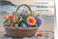 Both Mothers on Mothers Day Basket of Flowers on the Beach Custom card