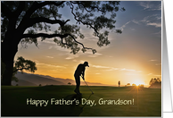 Grandson Happy Fathers Day with Golfer and Golf Course Custom card