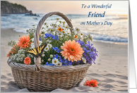Friend Happy Mothers Day with Basket of Flowers on a Beach Custom card