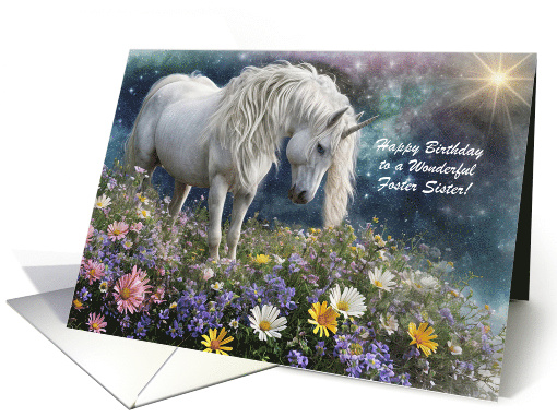Foster Sister Happy Birthday with Pretty Unicorn Custom Text card