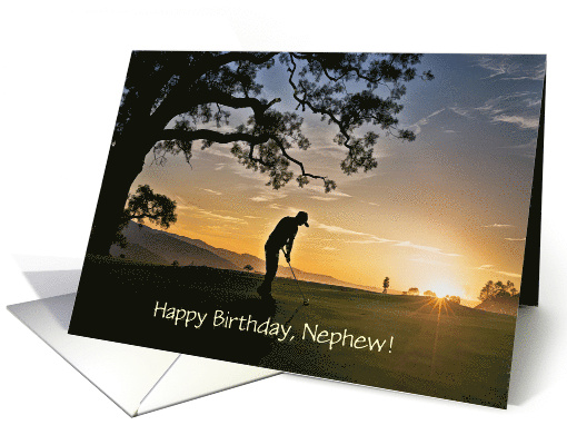 Nephew Happy Birthday with Golfer at Sunrise Custom Text card