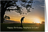 Nephew in Law Happy Birthday with Golfer in the Sunrise Custom Text card