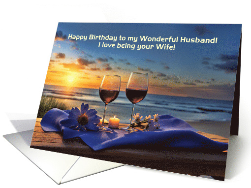 Husband Happy Birthday Wine Candle Beach and Ocean Custom card