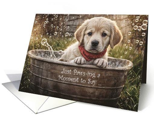 Hi Hello Cute Yellow Lab Puppy in a Tub with Bubbles Custom Text card