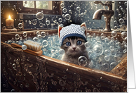 Birthday Cute Gray Tabby Cat Kitten in a Country Sink Bubble Bath card