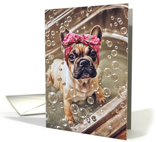 Birthday French Bulldog or Frenchie Cute in a Bubble Bath Funny card