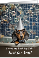 Birthday with Cute Dachshund Puppy Dog in his Birthday Suit Funny card
