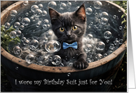 Birthday Cute Black Cat in a Bubble Bath Birthday Suit Custom Text card