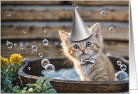 Birthday Cute Ginger Yellow Orange Kitten Party Hat in a Bubble Bath card