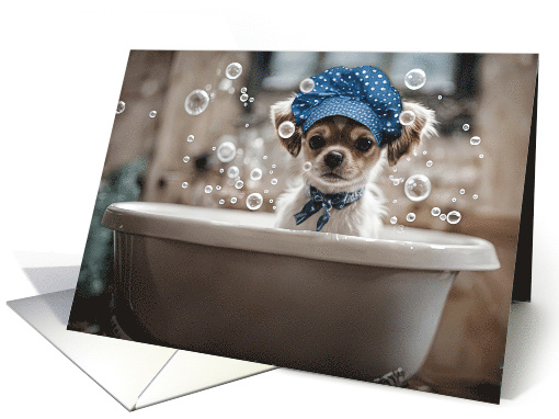 Thinking of You Cute Chihuahua Puppy Dog in a Bubble Bath Funny card