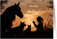 Thank You Pet Sitter Cute with Horse Dog Cat and Girl Custom Name card